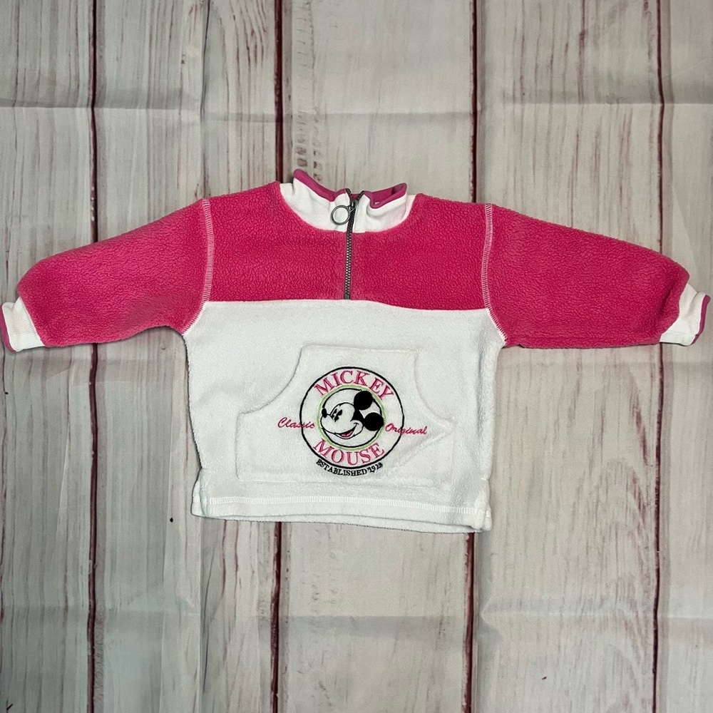 Vintage Disney Mickey Mouse Pink & White Fleece Quarter Zip